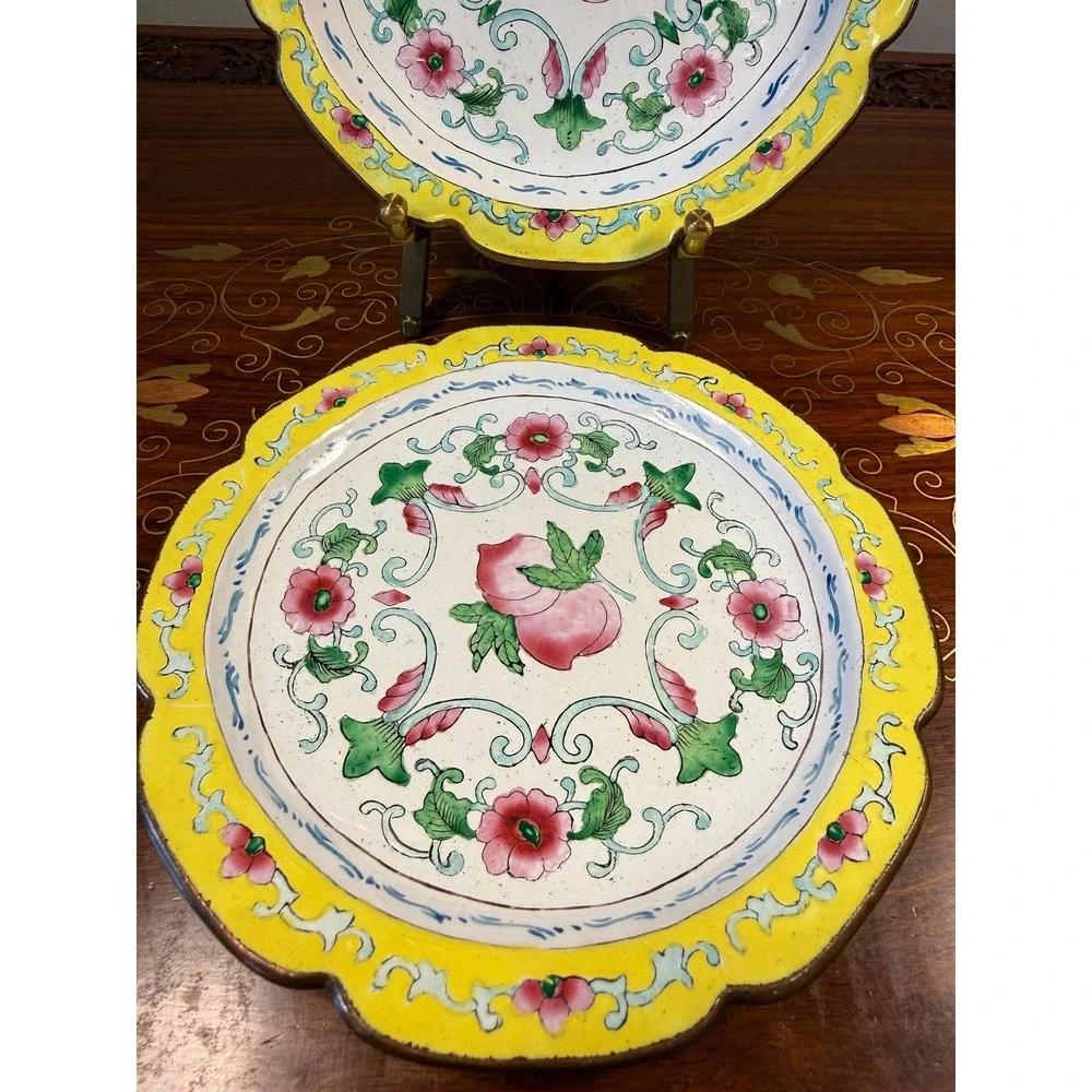 Pair Vintage Chinese Canton Enamel Copper Plates Peach Floral 6